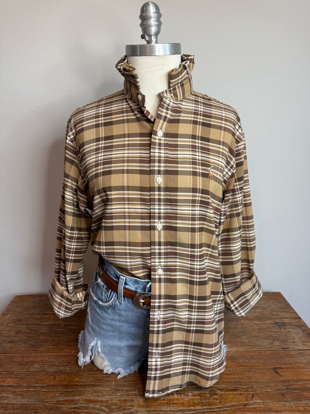 Polo Ralph Lauren Brown Plaid Ruffle Collar Classic Fit Performance Shirt Size L